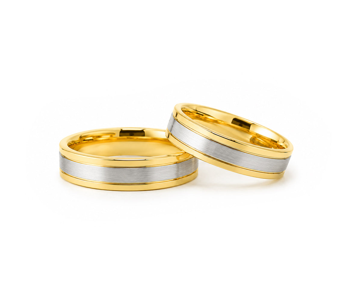 Aliança em Ouro 18K Perfil Reto com Faixa em Ouro Branco 7mm
