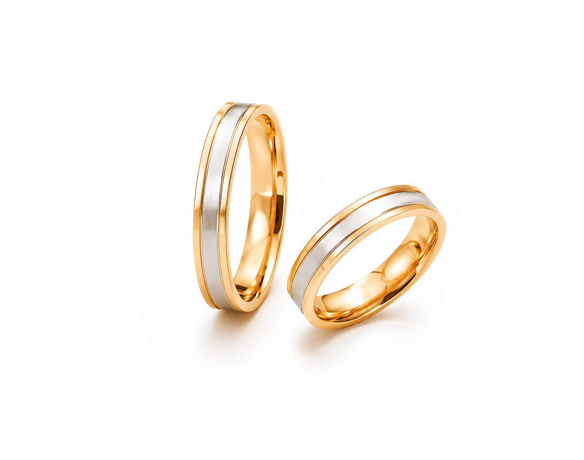 Aliança em Ouro 18K Perfil Reto com Faixa em Ouro Branco 7mm