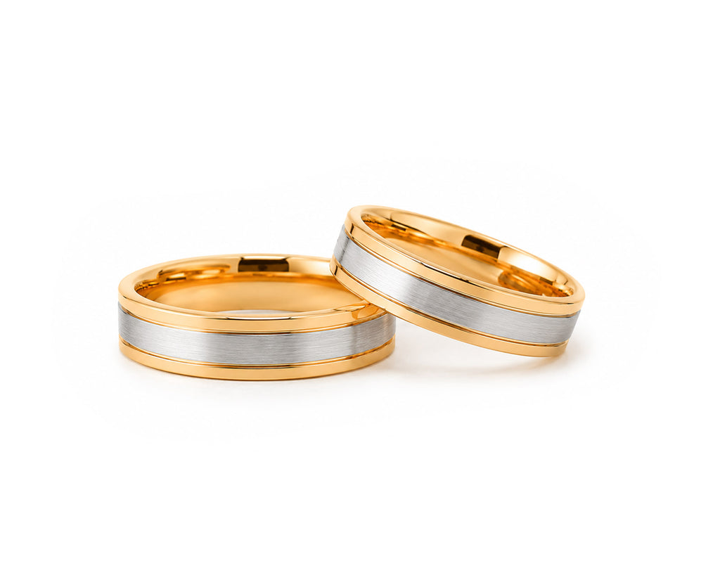Aliança em Ouro 18K Perfil Reto com Faixa em Ouro Branco 7mm