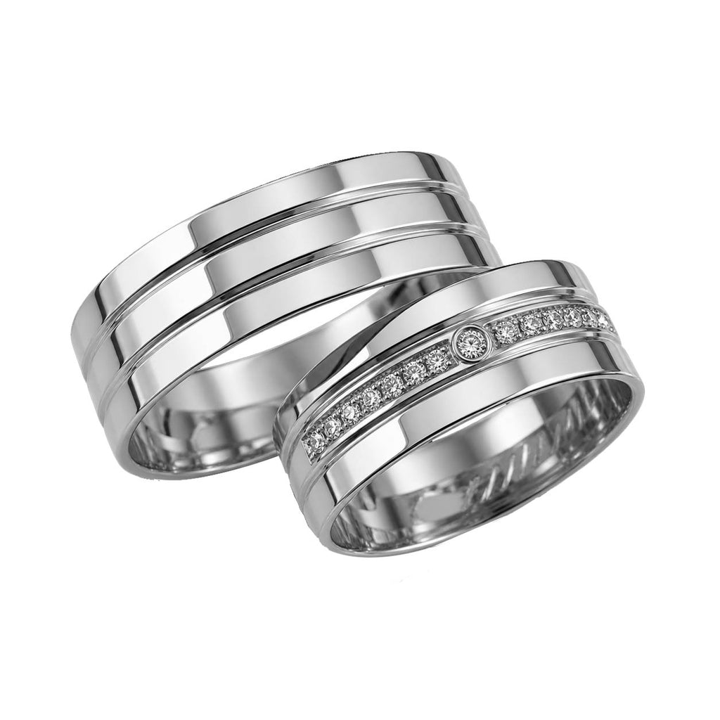 Aliança em Ouro 18k Reto Cravejado com Frisos 6mm com 15 Brilhantes