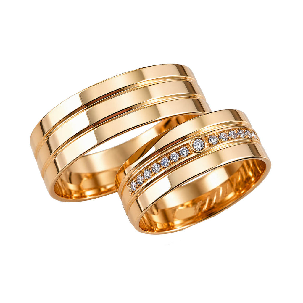 Aliança em Ouro 18k Reto Cravejado com Frisos 6mm com 15 Brilhantes