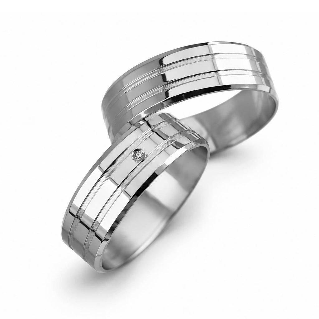 Aliança em Ouro 18k Reto com Frisos 6mm com 1 Brilhante