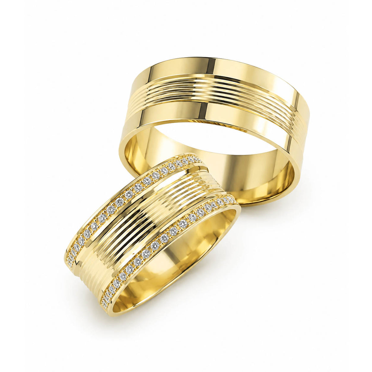 Aliança em Ouro 18k Reto Cravejado com Frisos 8mm com 40 Brilhantes