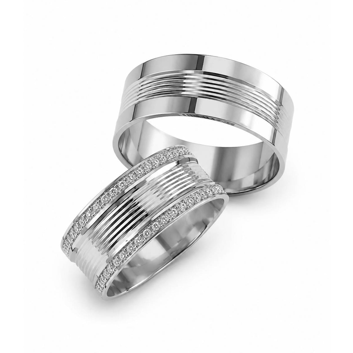 Aliança em Ouro 18k Reto Cravejado com Frisos 8mm com 40 Brilhantes
